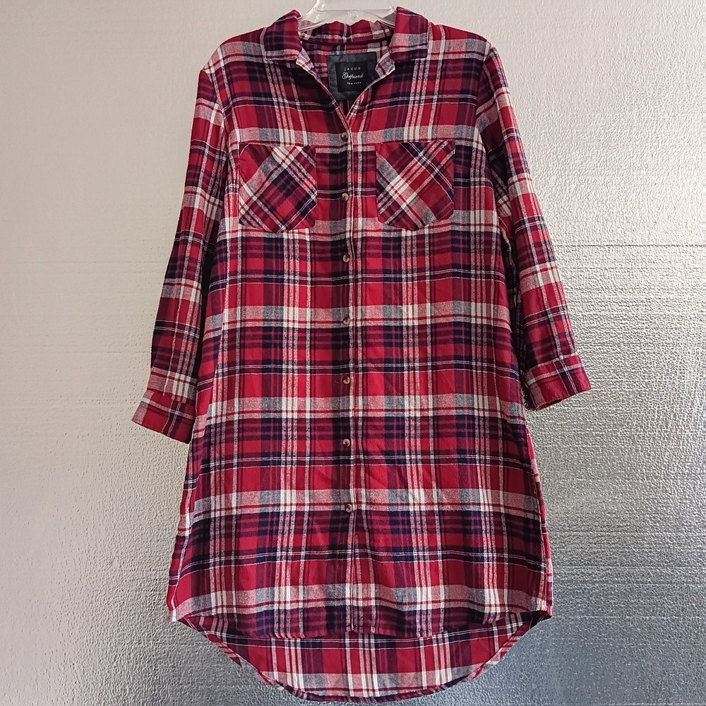 JACHS Girlfriend Navy Plaid Soft Sleep Flannel Relaxed Button Down Nightgown L